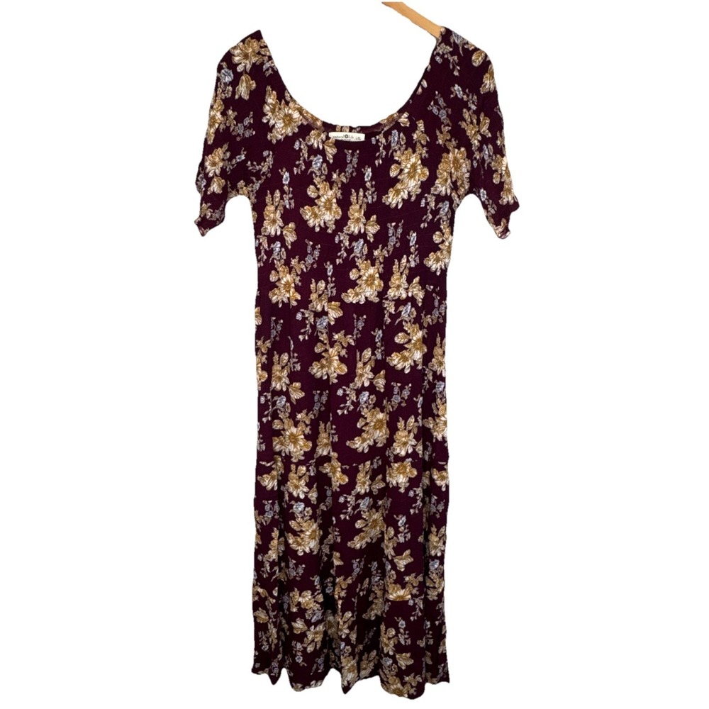 Natural‎ Life Women's Burgundy Floral Smocked Maxi Boho Cottagecore Dress L/XL